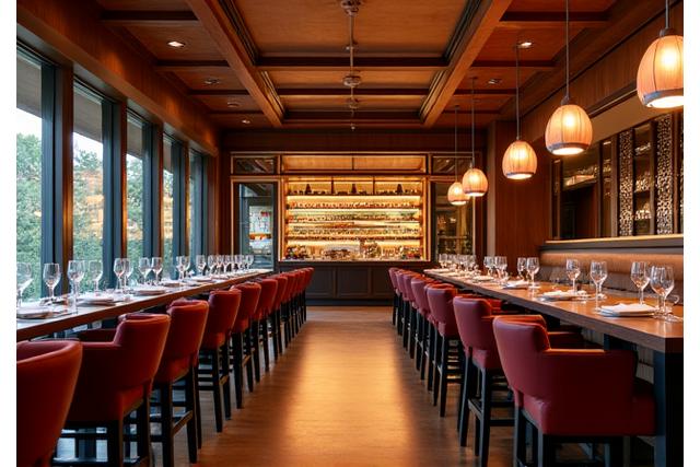 Warm, inviting interior of Ember & Vine restaurant with amber lighting and natural wood textures
