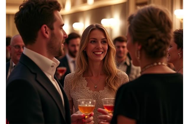 Attendees mingling at a reception in the main dining room with subtle lighting