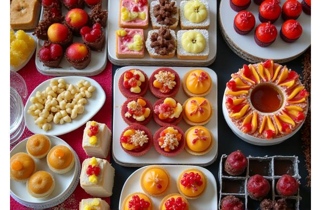 Overhead view of a vibrant dessert display at an event