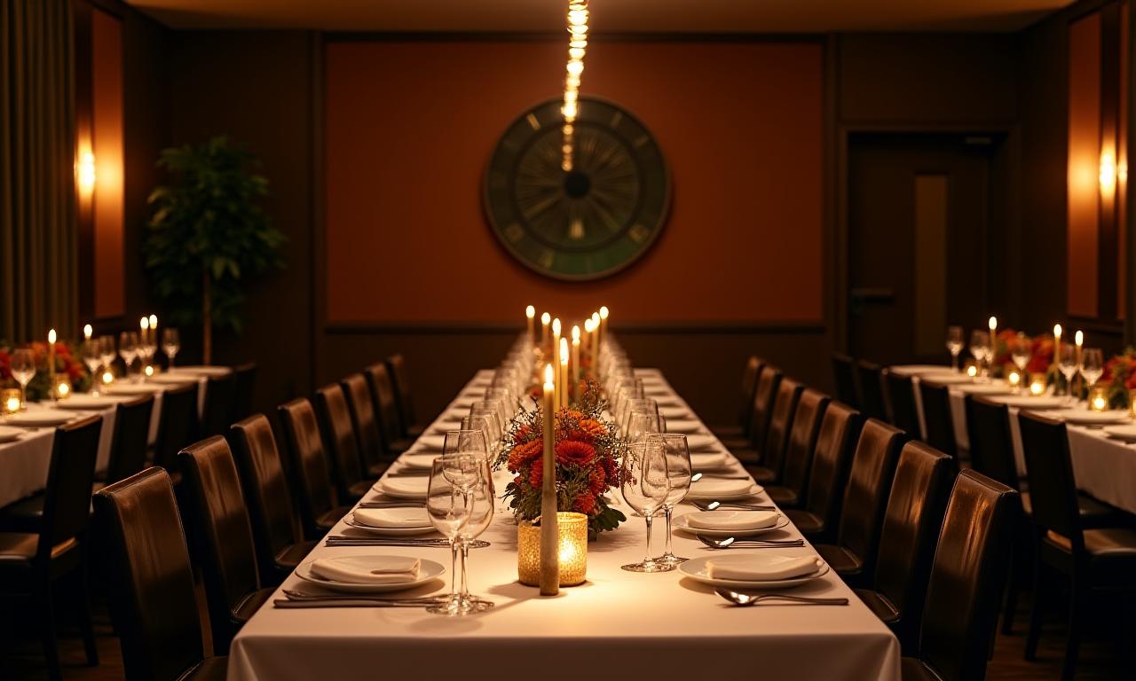 Elegant private dining room set for a special event with ambient lighting